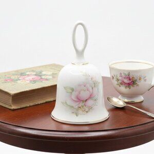 Vintage Sadler England Floral Bone China Bell - Pink Peony Design White Pink